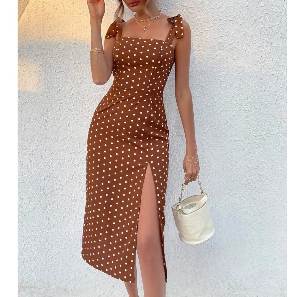 Brown Polka Dot Midi Dress